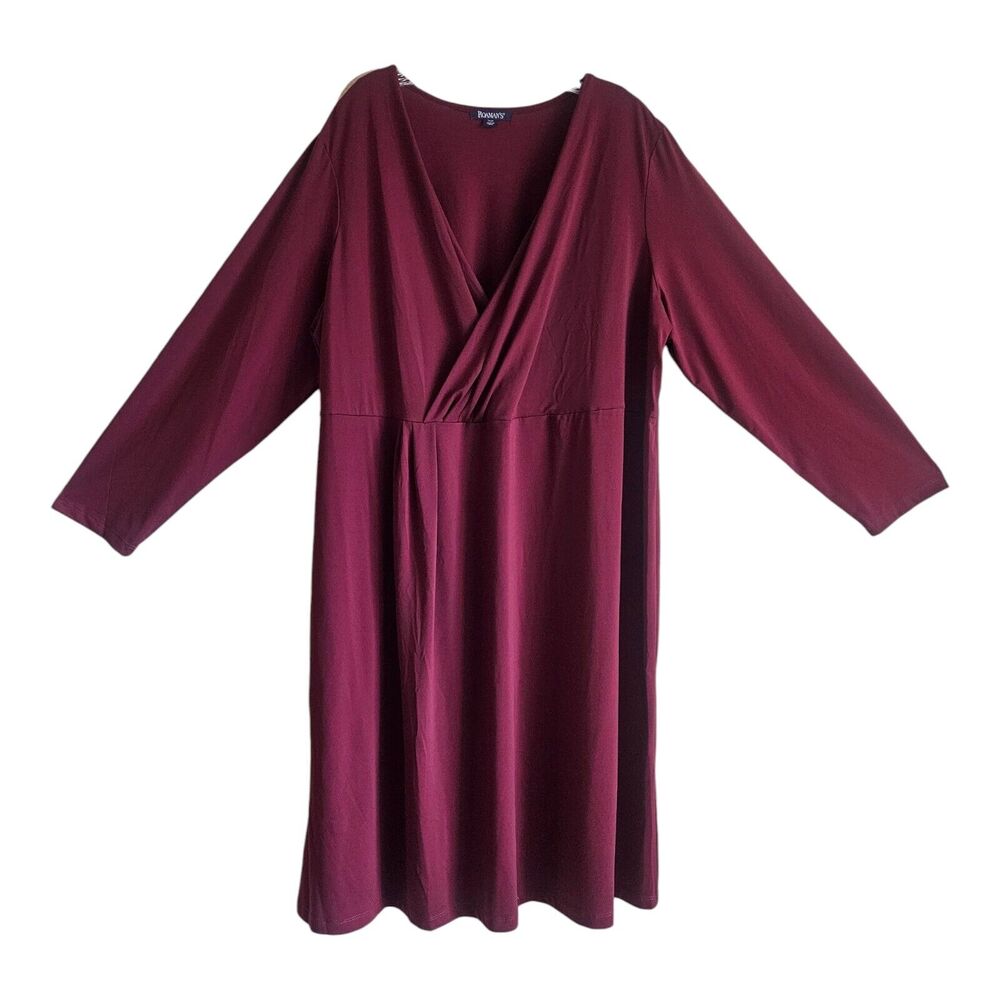 ROAMAN'S Women Plus 26 Midi Dress Burgundy Crossover V-Neck Jersey Knit Stretch
